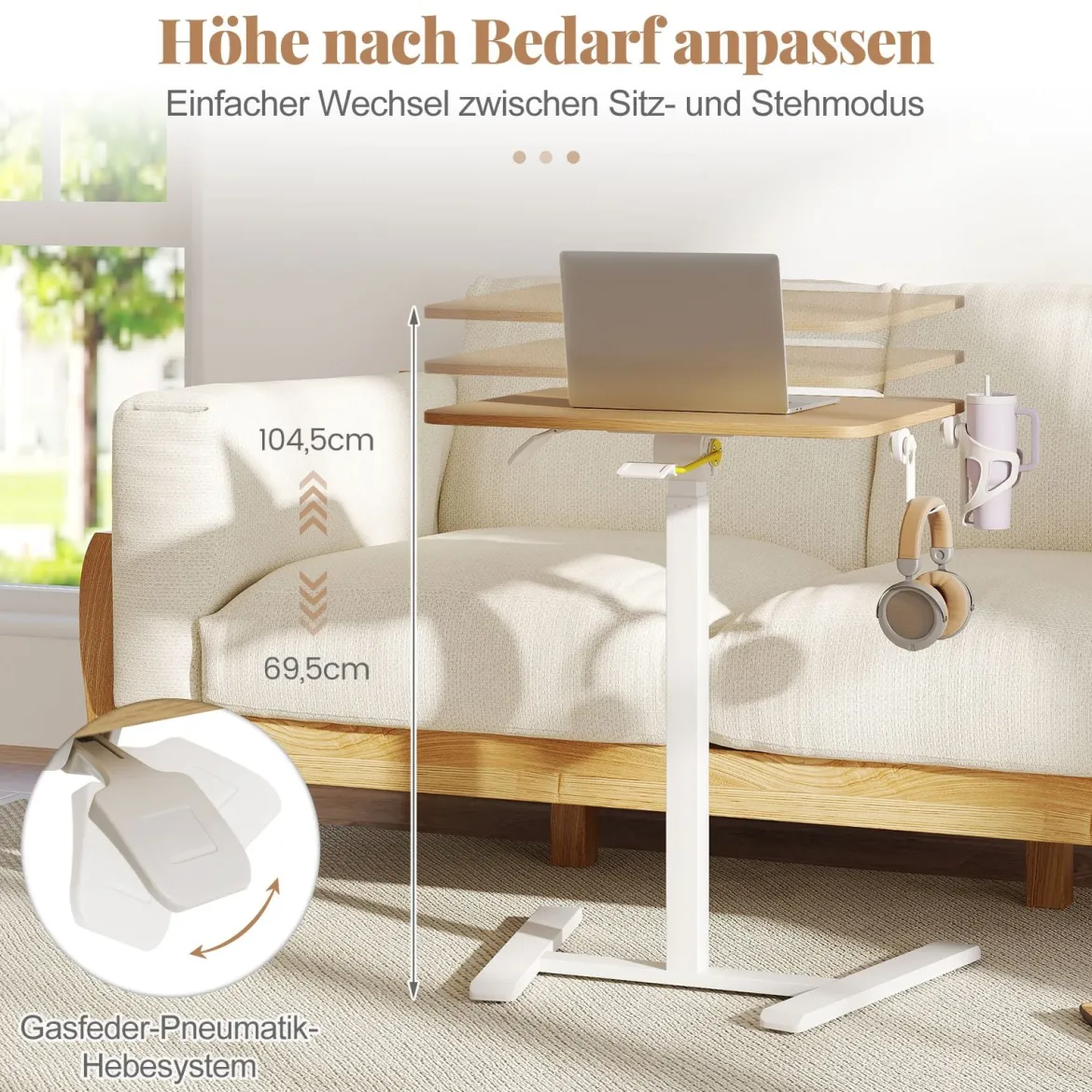 Höhenverstellbarer Beistelltisch mit Versteckten Rollen & 90° Neigbarer Tischplatte Pflegetisch