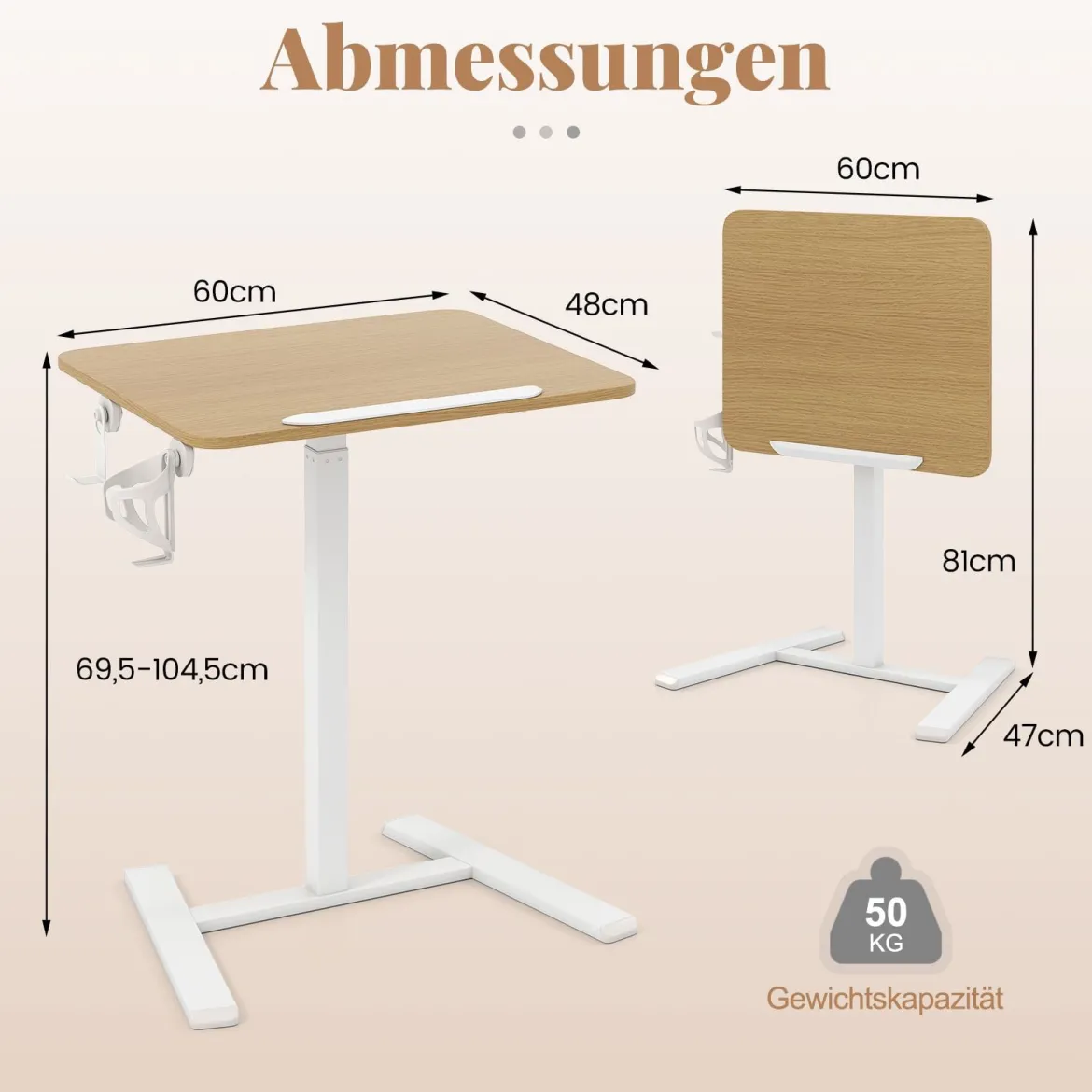 Höhenverstellbarer Beistelltisch mit Versteckten Rollen & 90° Neigbarer Tischplatte Pflegetisch