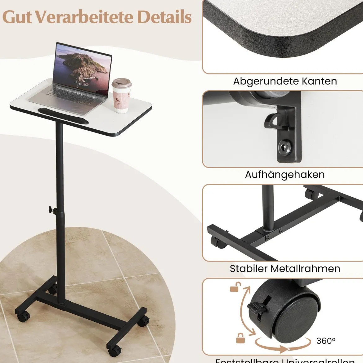 Höhenverstellbarer Betttisch auf Rollen mit Neigbarer & 360° Drehbarer Tischplatte Pflegetisch Grau