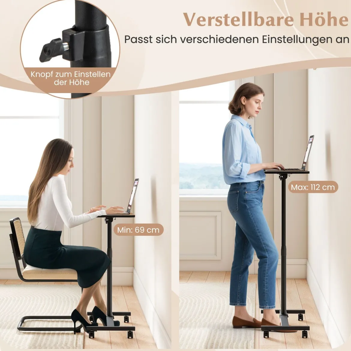 Höhenverstellbarer Betttisch auf Rollen mit Neigbarer & 360° Drehbarer Tischplatte Pflegetisch Grau