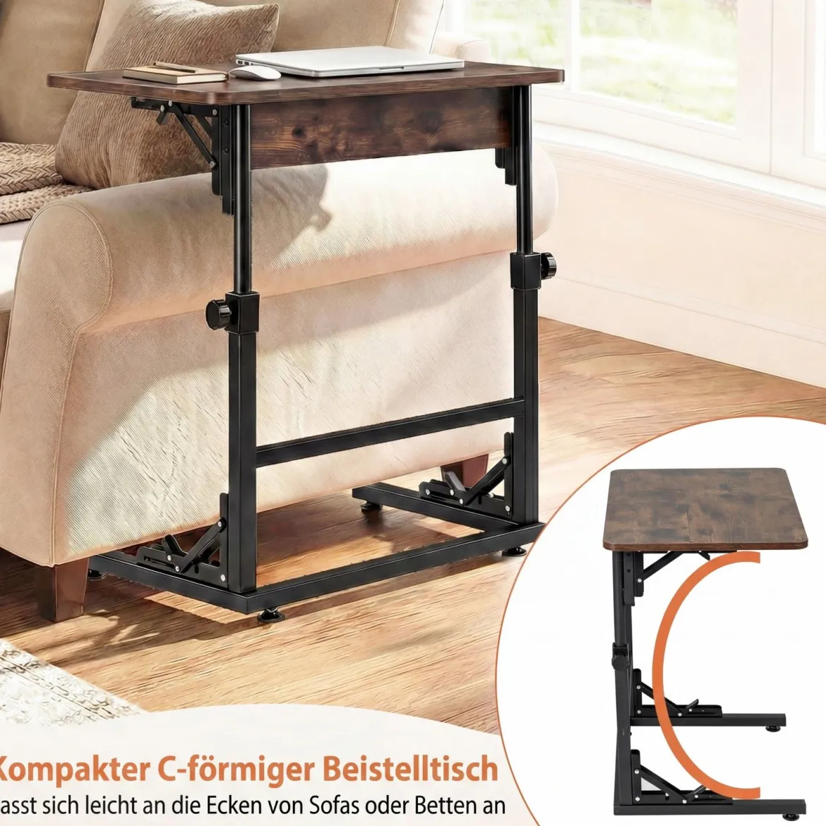 Höhenverstellbarer Betttisch Klappbarer Pflegetisch C-Form Laptoptisch Beistelltisch