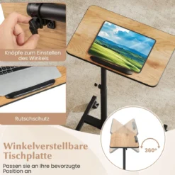 Höhenverstellbarer Betttisch auf Rollen mit Neigbarer & 360° Drehbarer Tischplatte Pflegetisch Natur