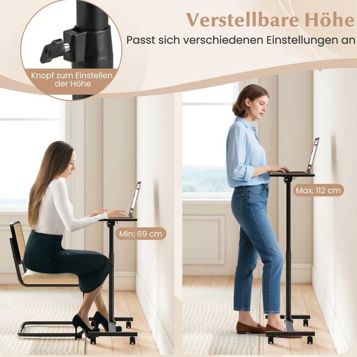 Höhenverstellbarer Betttisch auf Rollen mit Neigbarer & 360° Drehbarer Tischplatte Pflegetisch Natur