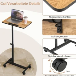 Höhenverstellbarer Betttisch auf Rollen mit Neigbarer & 360° Drehbarer Tischplatte Pflegetisch Natur