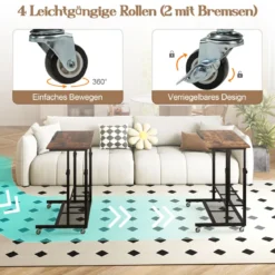 Höhenverstellbarer Betttisch auf Rollen Pflegetisch mit Neigbarer Tischplatte & Kantenschutz