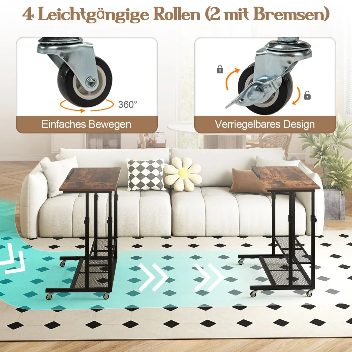 Höhenverstellbarer Betttisch auf Rollen Pflegetisch mit Neigbarer Tischplatte & Kantenschutz