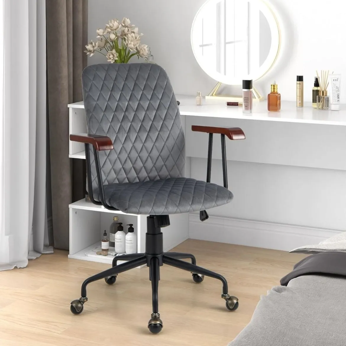 Höhenverstellbarer Bürostuhl aus Samt mit Rückenlehne bis 150 kg Belastbar Grau