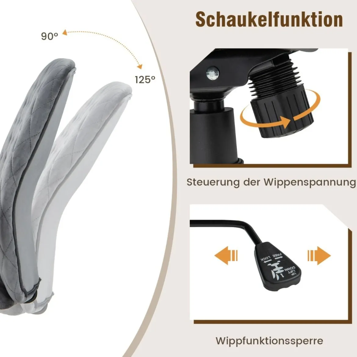 Höhenverstellbarer Bürostuhl aus Samt mit Rückenlehne bis 150 kg Belastbar Grau