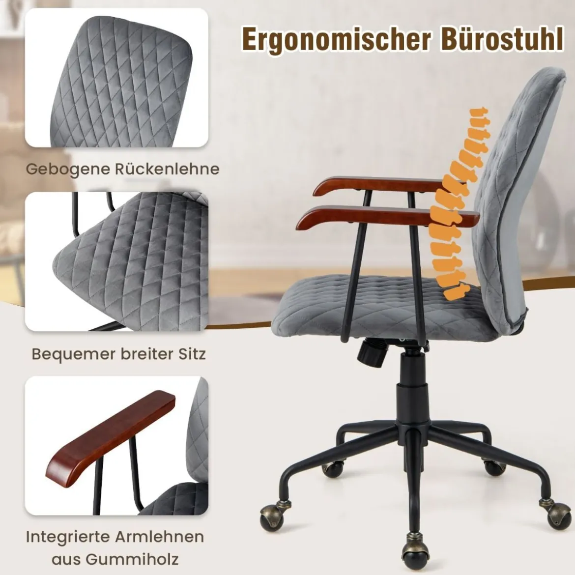 Höhenverstellbarer Bürostuhl aus Samt mit Rückenlehne bis 150 kg Belastbar Grau