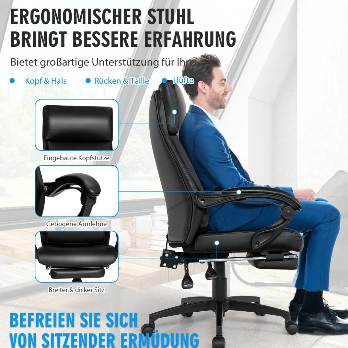 Höhenverstellbarer Chefstuhl Drehstuhl mit Kopfstütze & Einziehbarer Fußstütze Schwarz 360° drehbar 105-145° verstellbar