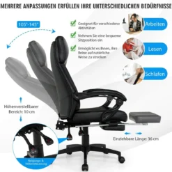Höhenverstellbarer Chefstuhl Drehstuhl mit Kopfstütze & Einziehbarer Fußstütze Schwarz 360° drehbar 105-145° verstellbar