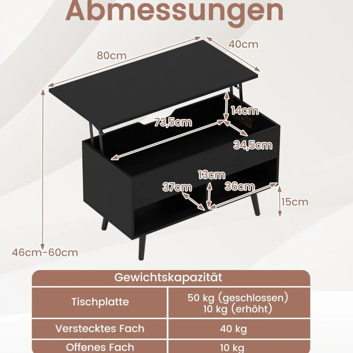 Höhenverstellbarer Couchtisch mit anhebbarer Tischplatte & 2 offenen Regalen Sofatisch Schwarz