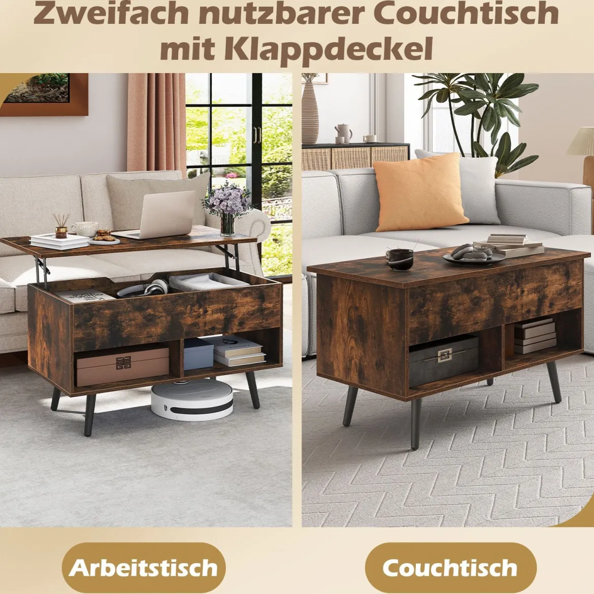 Höhenverstellbarer Couchtisch mit Anhebbarer Tischplatte & 2 Offenen Regalen Sofatisch Rustikales Braun
