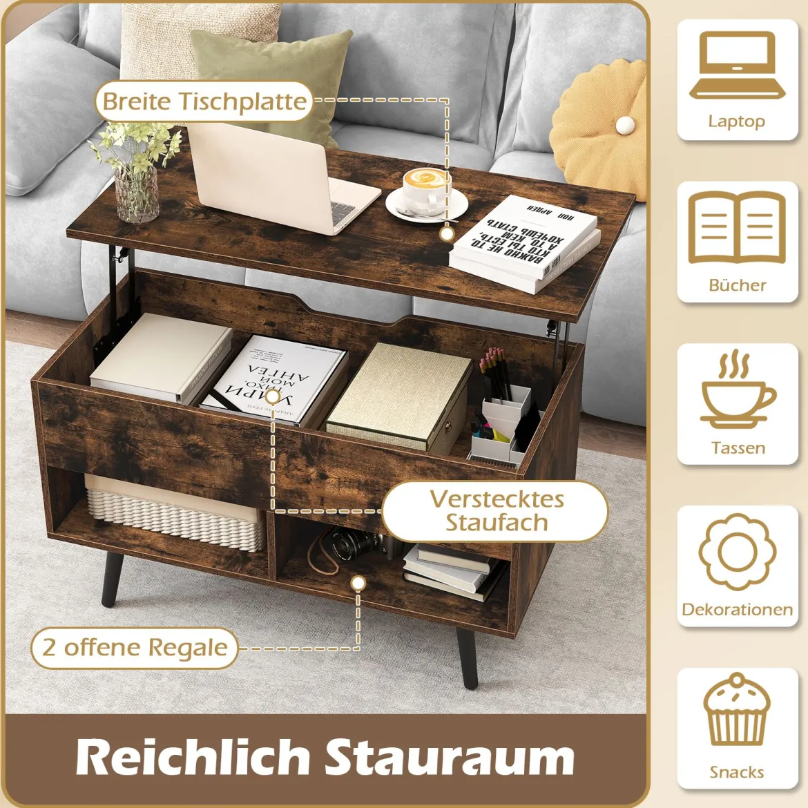 Höhenverstellbarer Couchtisch mit Anhebbarer Tischplatte & 2 Offenen Regalen Sofatisch Rustikales Braun