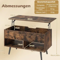 Höhenverstellbarer Couchtisch mit Anhebbarer Tischplatte & 2 Offenen Regalen Sofatisch Rustikales Braun