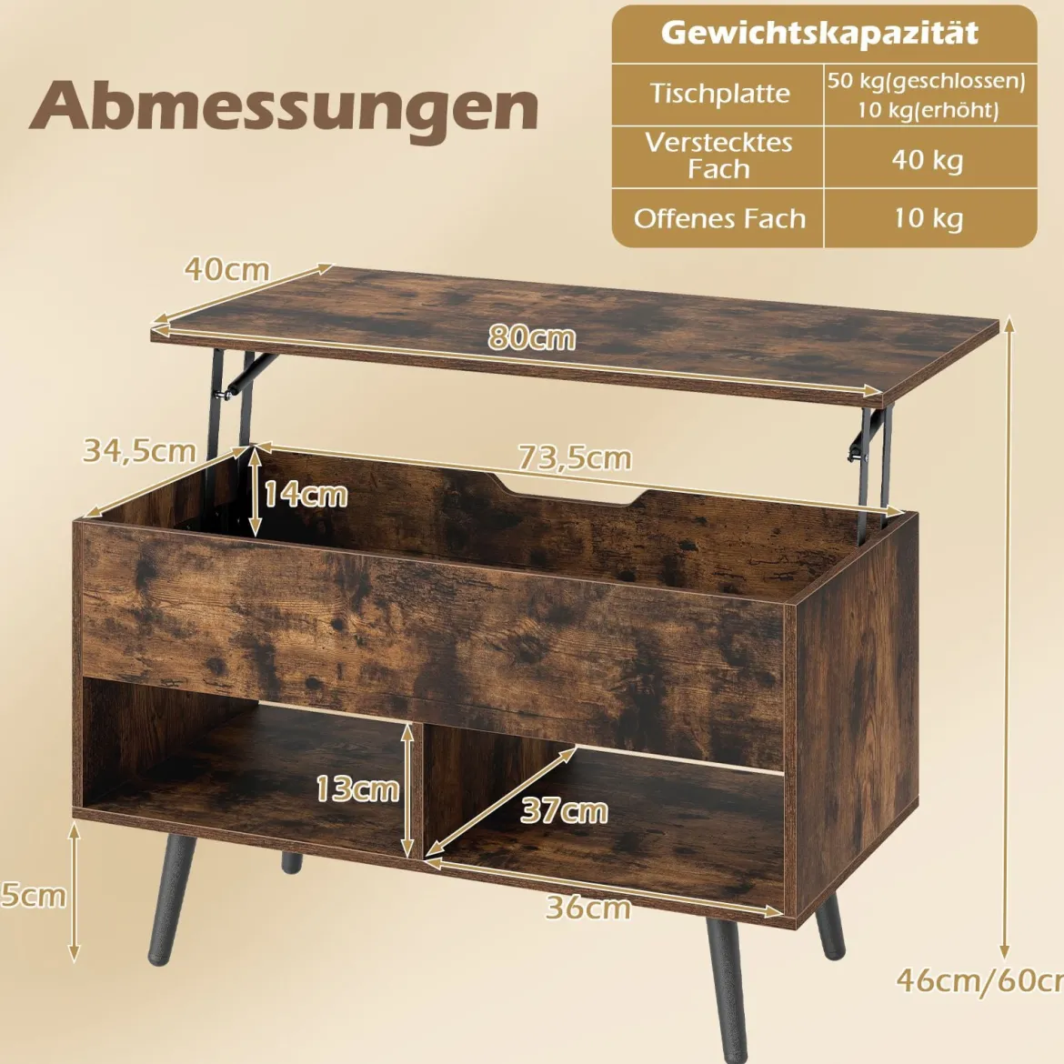 Höhenverstellbarer Couchtisch mit Anhebbarer Tischplatte & 2 Offenen Regalen Sofatisch Rustikales Braun