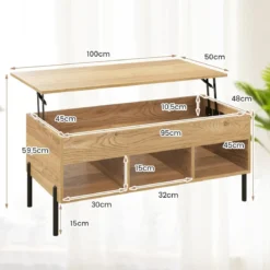 Höhenverstellbarer Couchtisch mit Anhebbarer Tischplatte & 3 Offenen Fächern Natur