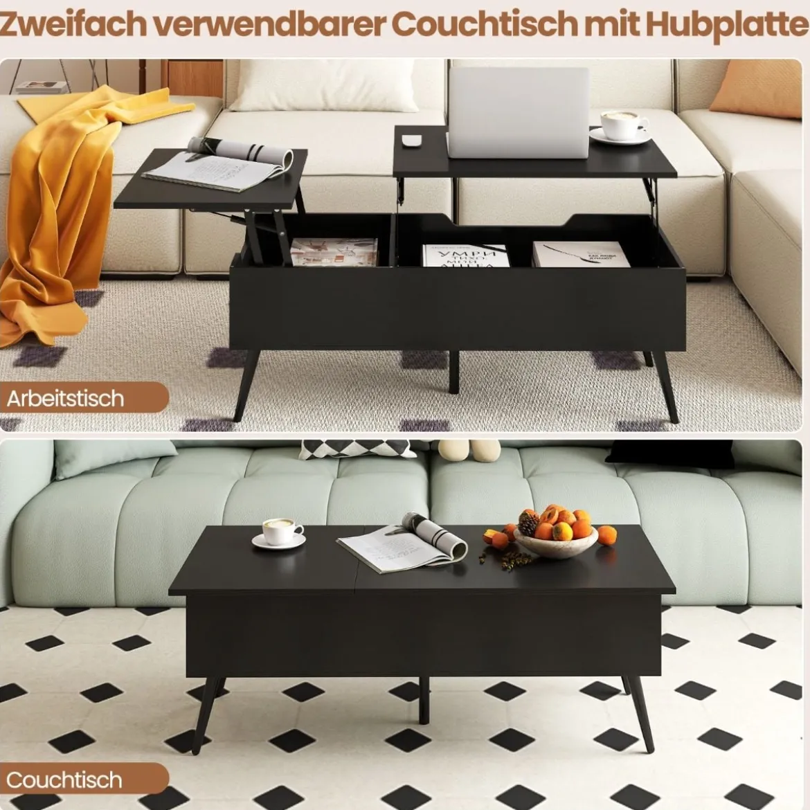 Höhenverstellbarer Couchtisch mit Anhebbarer Tischplatte & 2 Versteckten Ablagefächern Beistelltisch