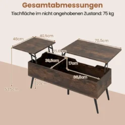 Höhenverstellbarer Couchtisch mit Anhebbarer Tischplatte & 2 Versteckten Ablagefächern Beistelltisch