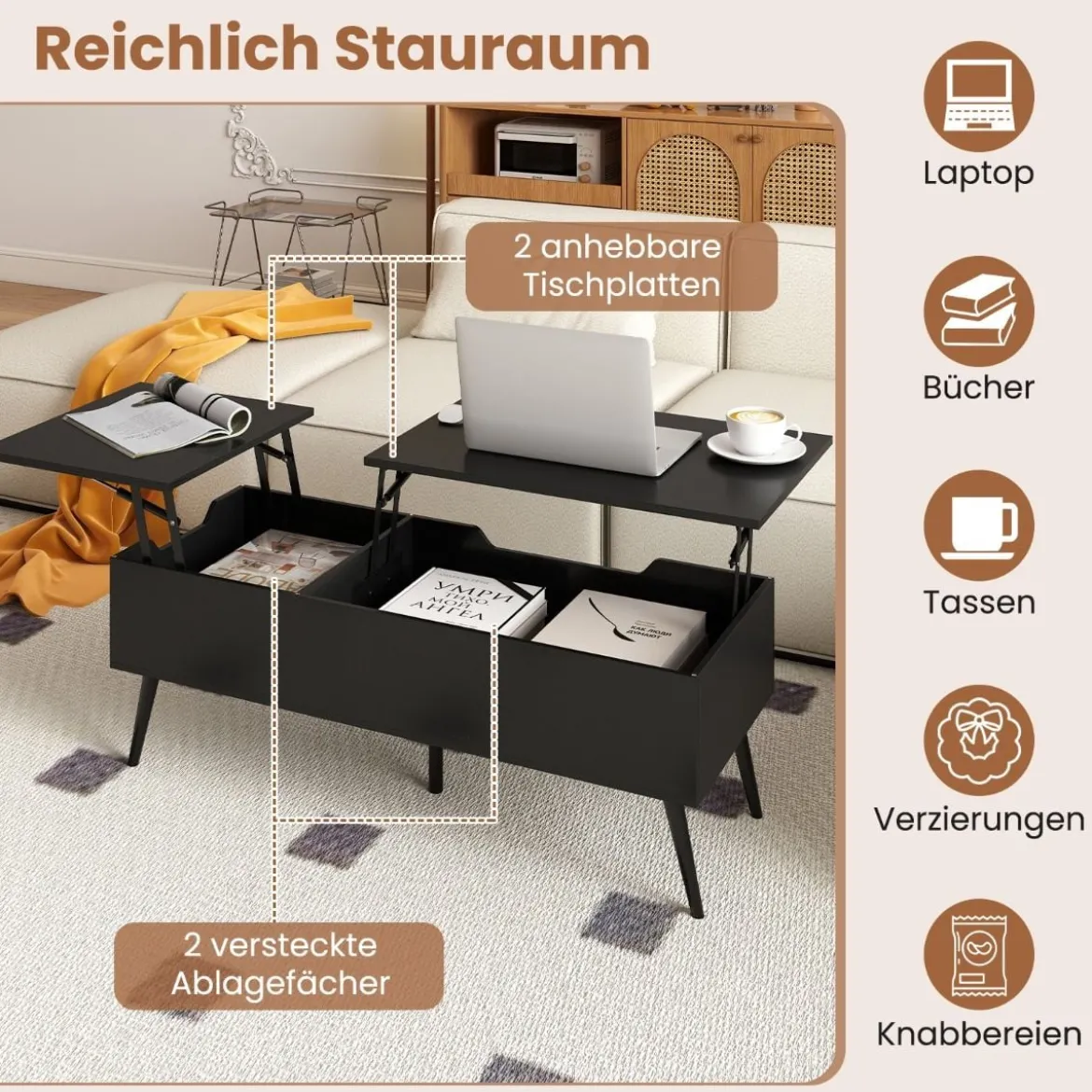 Höhenverstellbarer Couchtisch mit Anhebbarer Tischplatte & 2 Versteckten Ablagefächern Beistelltisch