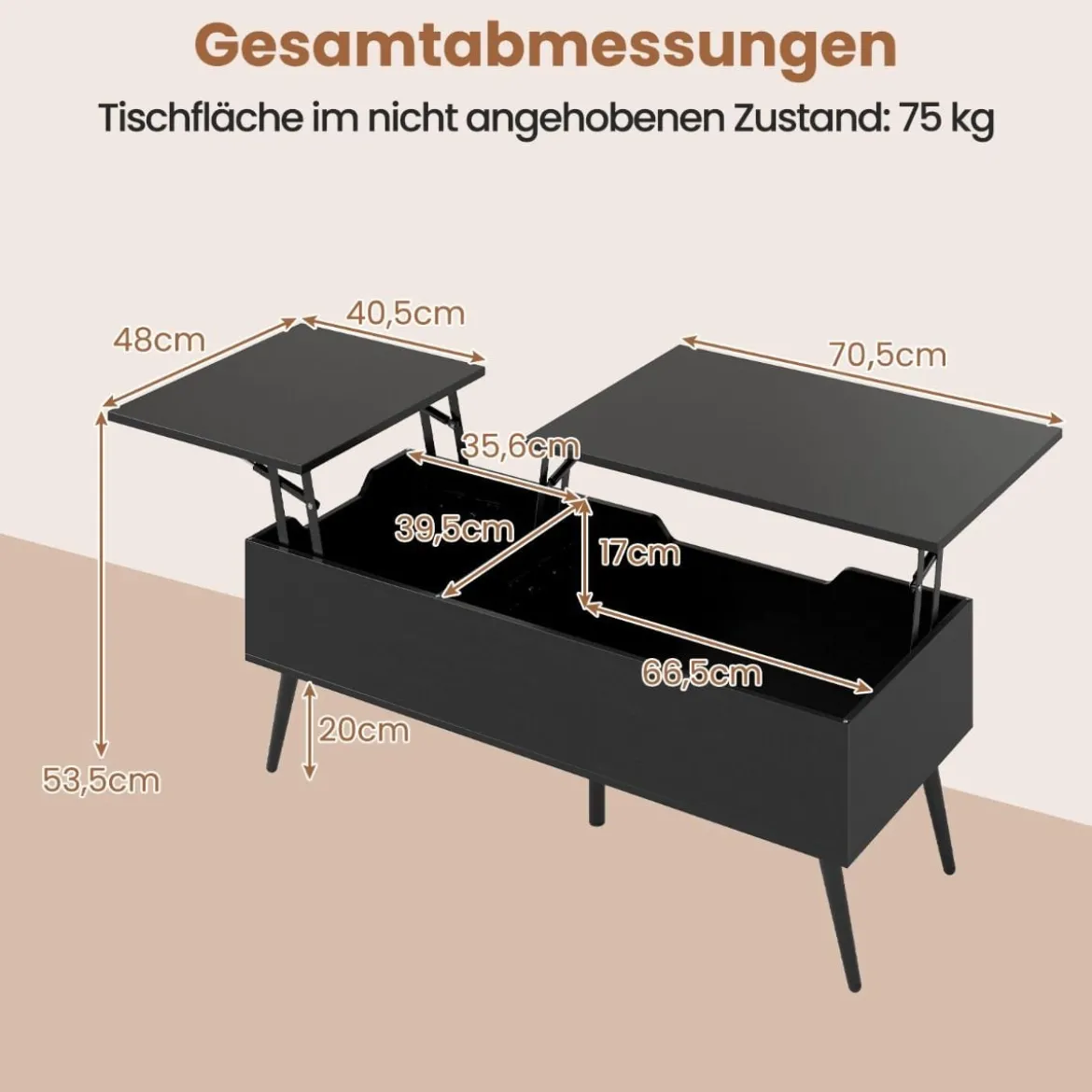 Höhenverstellbarer Couchtisch mit Anhebbarer Tischplatte & 2 Versteckten Ablagefächern Beistelltisch