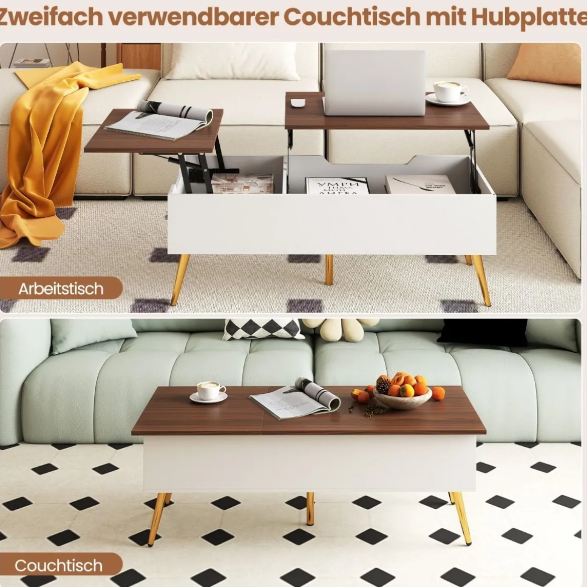 Höhenverstellbarer Couchtisch mit Anhebbarer Tischplatte & 2 Versteckten Ablagefächern Beistelltisch