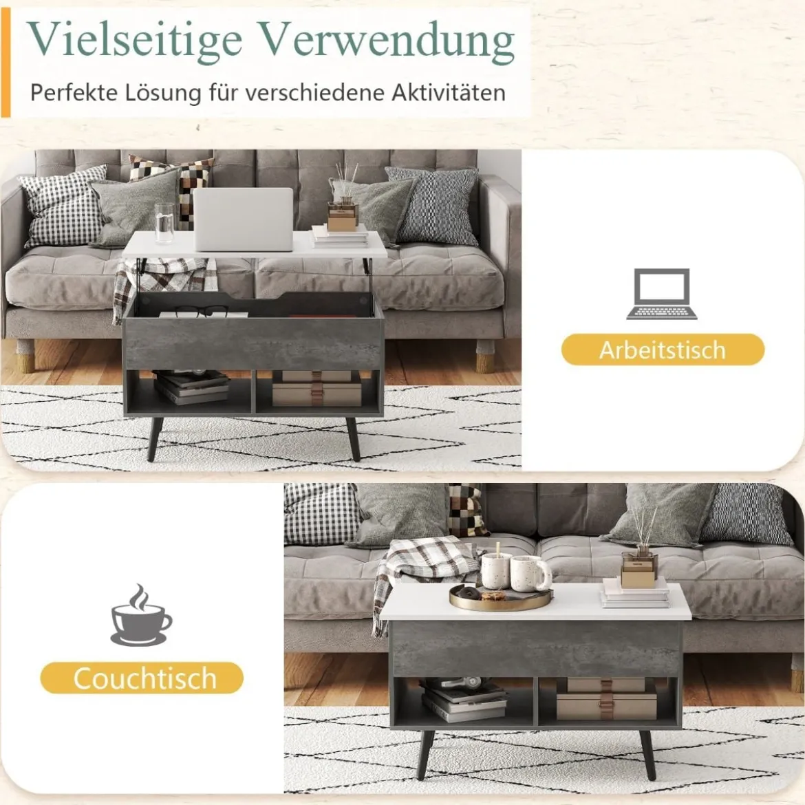 Höhenverstellbarer Couchtisch mit Anhebbarer Tischplatte & 2 Offenen Regalen Sofatisch Grau