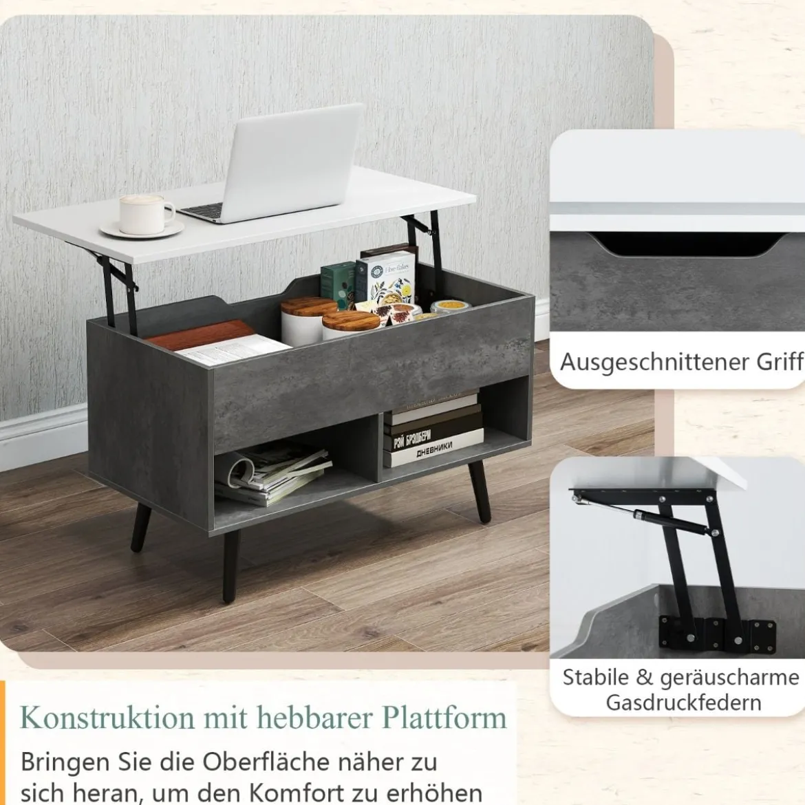 Höhenverstellbarer Couchtisch mit Anhebbarer Tischplatte & 2 Offenen Regalen Sofatisch Grau