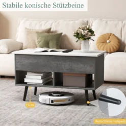 Höhenverstellbarer Couchtisch mit Anhebbarer Tischplatte & 2 Offenen Regalen Sofatisch Grau
