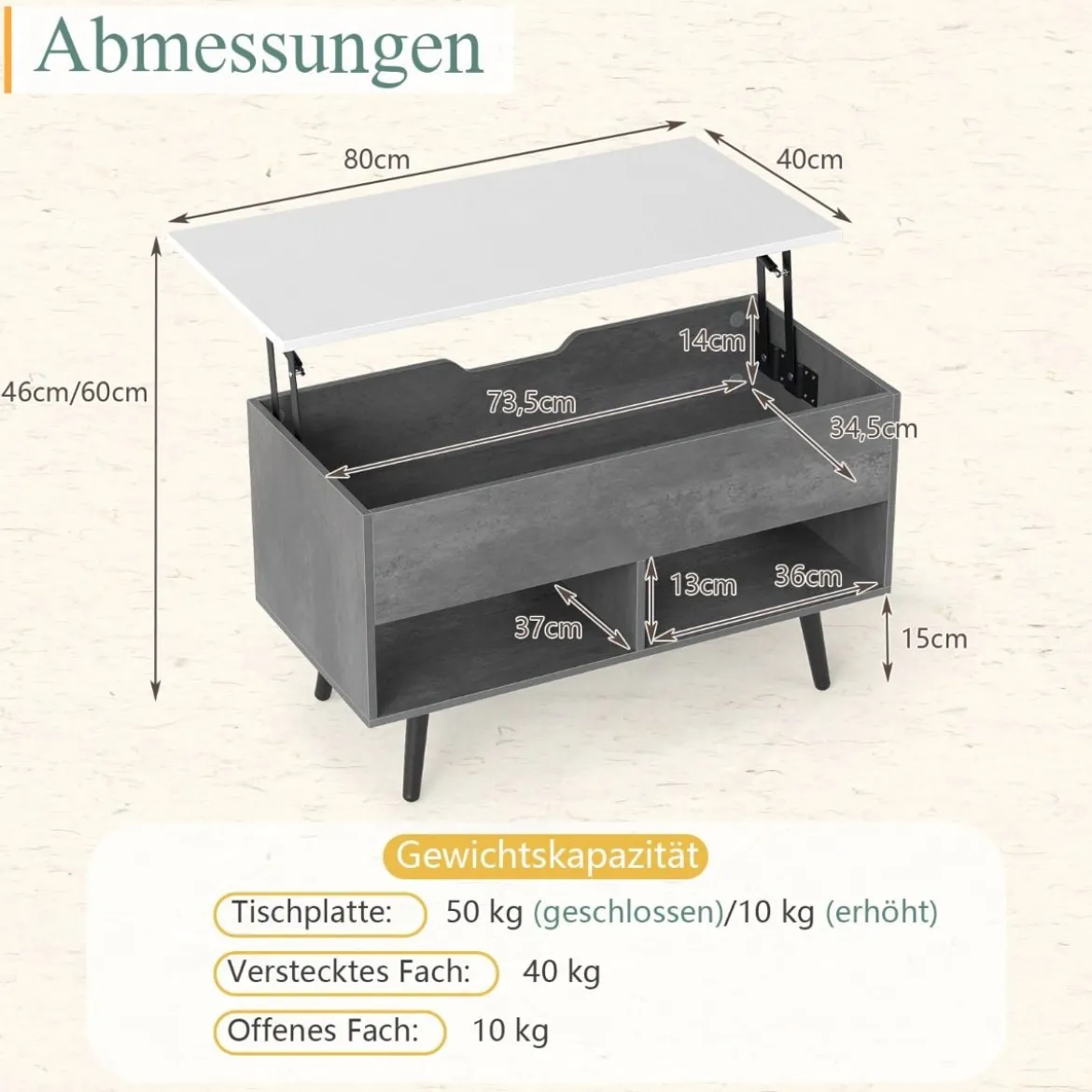 Höhenverstellbarer Couchtisch mit Anhebbarer Tischplatte & 2 Offenen Regalen Sofatisch Grau