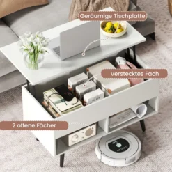 Höhenverstellbarer Couchtisch mit Anhebbarer Tischplatte & 2 Offenen Regalen Sofatisch Weiß