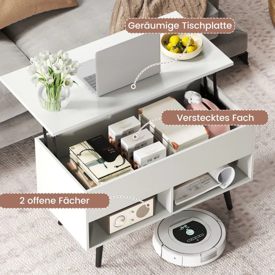 Höhenverstellbarer Couchtisch mit Anhebbarer Tischplatte & 2 Offenen Regalen Sofatisch Weiß