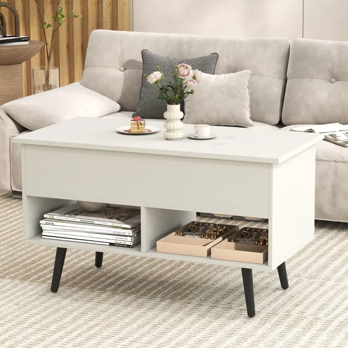 Höhenverstellbarer Couchtisch mit Anhebbarer Tischplatte & 2 Offenen Regalen Sofatisch Weiß