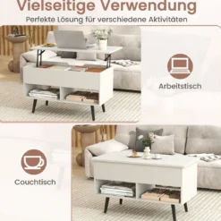 Höhenverstellbarer Couchtisch mit Anhebbarer Tischplatte & 2 Offenen Regalen Sofatisch Weiß