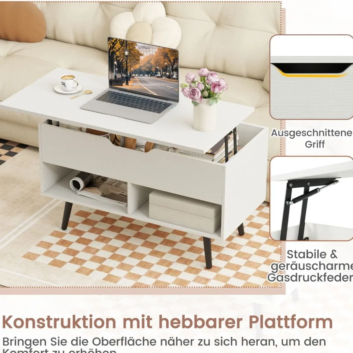 Höhenverstellbarer Couchtisch mit Anhebbarer Tischplatte & 2 Offenen Regalen Sofatisch Weiß