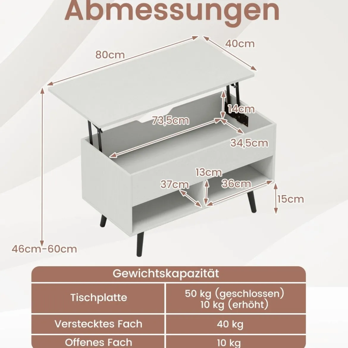 Höhenverstellbarer Couchtisch mit Anhebbarer Tischplatte & 2 Offenen Regalen Sofatisch Weiß