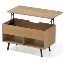 Höhenverstellbarer Couchtisch mit Anhebbarer Tischplatte & 2 Offenen Regalen Sofatisch Natur