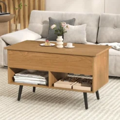 Höhenverstellbarer Couchtisch mit Anhebbarer Tischplatte & 2 Offenen Regalen Sofatisch Natur