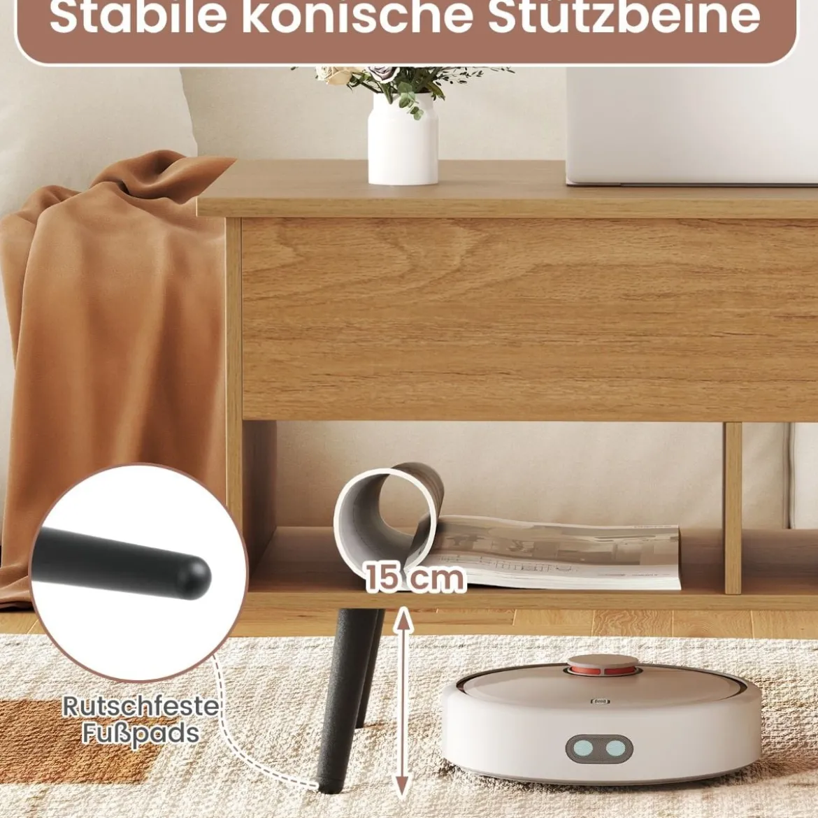 Höhenverstellbarer Couchtisch mit Anhebbarer Tischplatte & 2 Offenen Regalen Sofatisch Natur