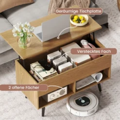 Höhenverstellbarer Couchtisch mit Anhebbarer Tischplatte & 2 Offenen Regalen Sofatisch Natur
