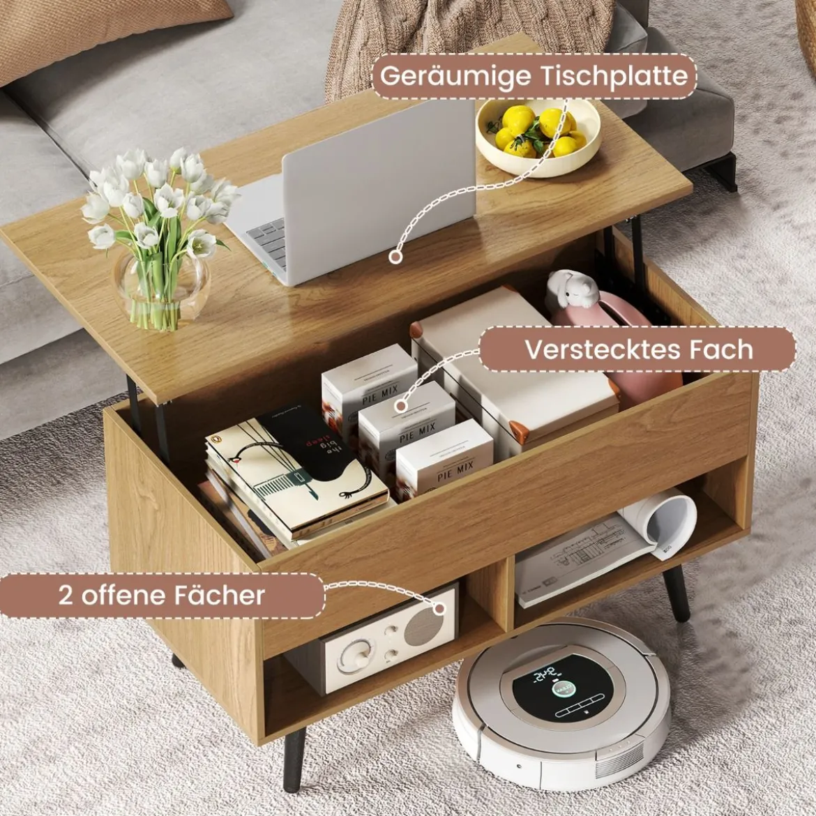 Höhenverstellbarer Couchtisch mit Anhebbarer Tischplatte & 2 Offenen Regalen Sofatisch Natur