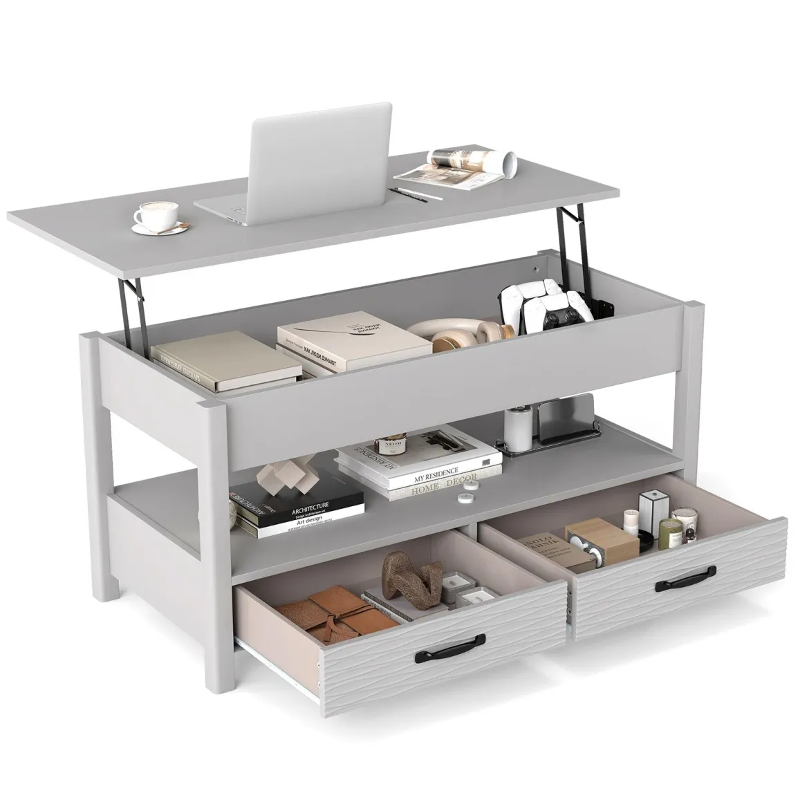 Höhenverstellbarer Couchtisch mit Anhebbarer Tischplatte & 2 Schubladen Sofatisch Kafeetisch
