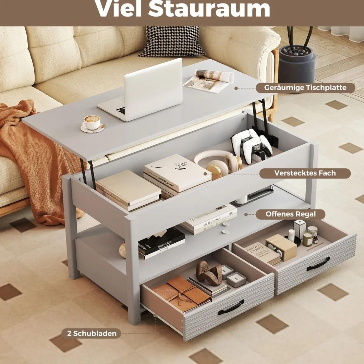Höhenverstellbarer Couchtisch mit Anhebbarer Tischplatte & 2 Schubladen Sofatisch Kafeetisch