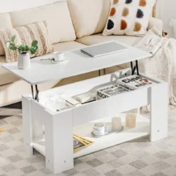 Höhenverstellbarer Couchtisch aus Holz mit Hebeplatte & Ablagefach Kaffeetisch Weiß