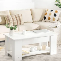 Höhenverstellbarer Couchtisch aus Holz mit Hebeplatte & Ablagefach Kaffeetisch Weiß
