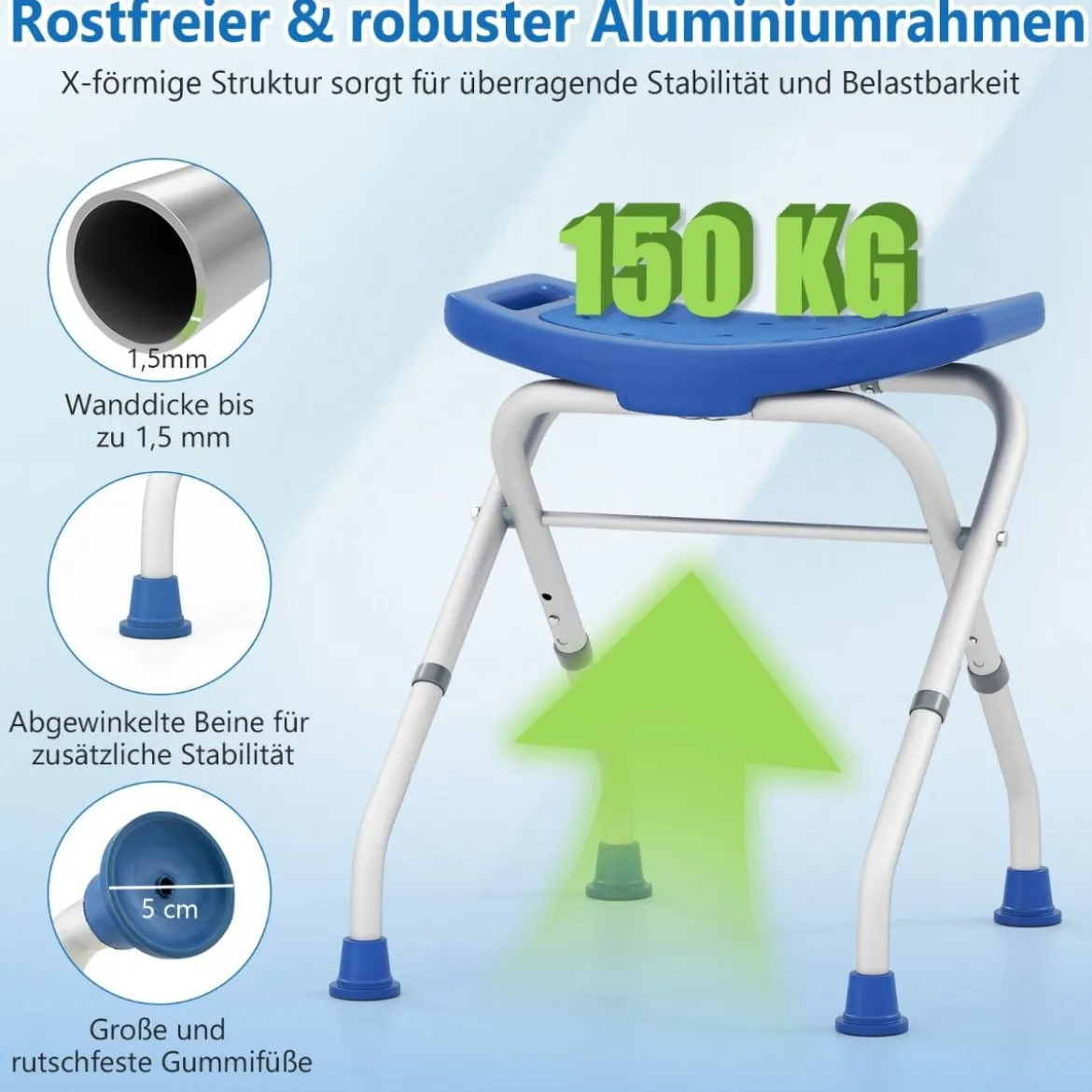 Höhenverstellbarer Duschhocker mit Rutschfesten Gummifüßen 150 kg Tragkraft Duschbank Blau
