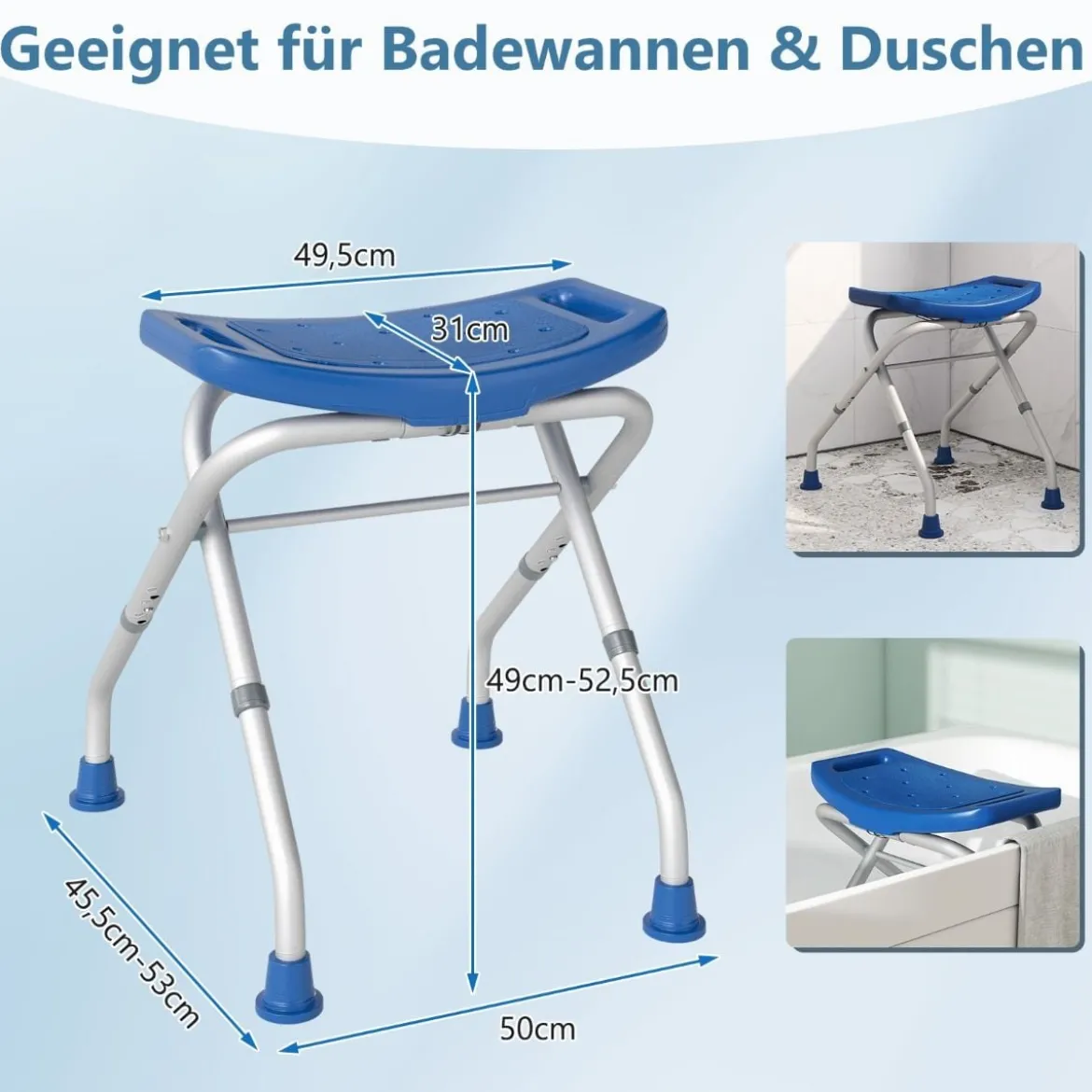 Höhenverstellbarer Duschhocker mit Rutschfesten Gummifüßen 150 kg Tragkraft Duschbank Blau