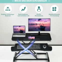 Höhenverstellbarerer Sitz-Steh-Schreibtisch Bildschirmständer Stehpult 80 x 64 x 11-50,5 cm Schwarz