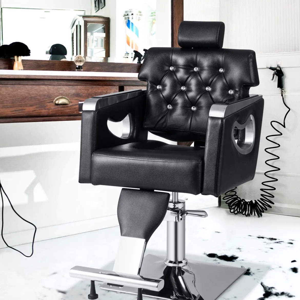 Höhenverstellbarer Friseurstuhl mit Gepolsterter Rückenlehne & Verstellbare Kopfstütze & Hydraulikpumpe