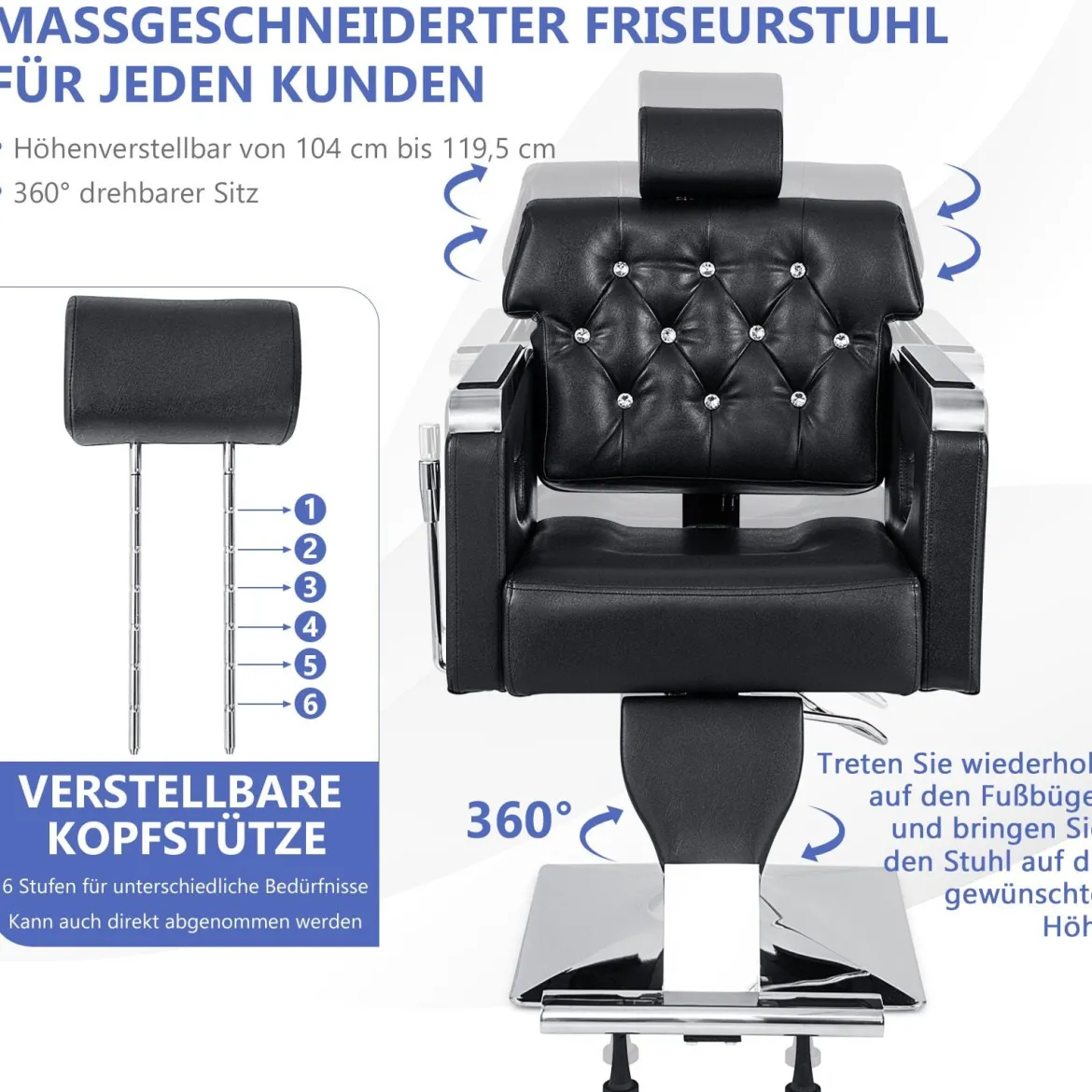 Höhenverstellbarer Friseurstuhl mit Gepolsterter Rückenlehne & Verstellbare Kopfstütze & Hydraulikpumpe